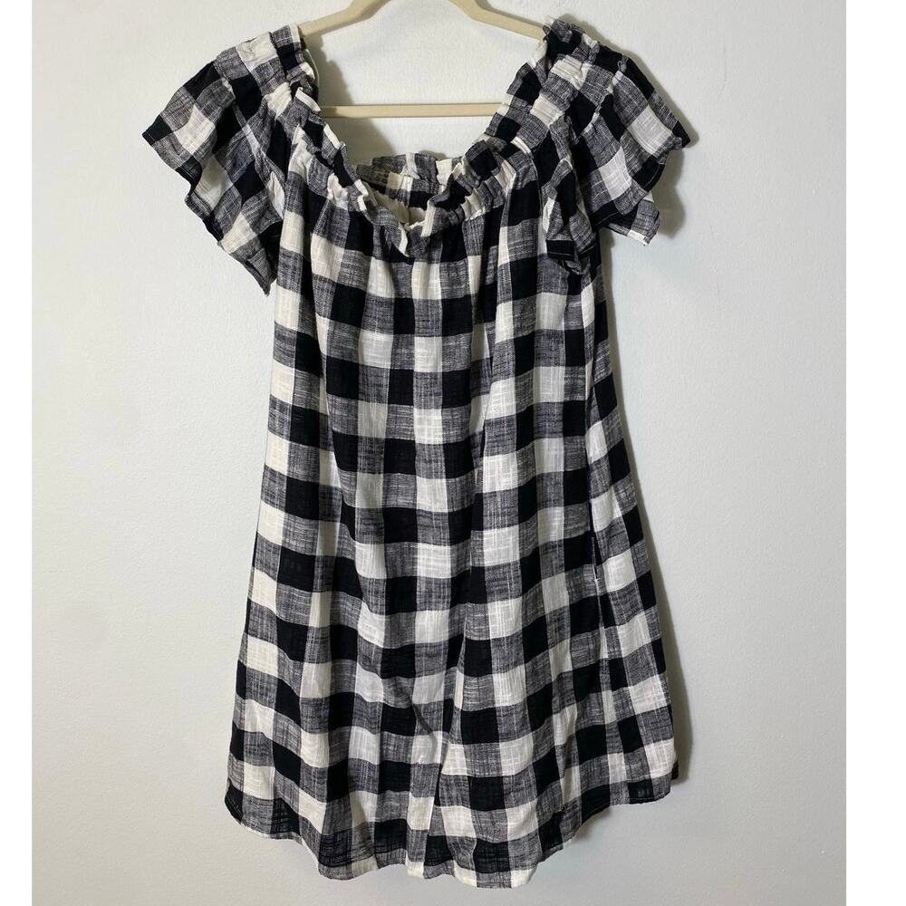 Corey Lynn Calter Black White Gingham Linen Cotton Off Shoulder Dress Sz M